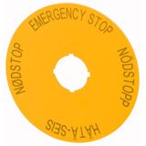 Label, emergency switching off, yellow, D=90mm, 4 languages, DE, SV, FI, DA