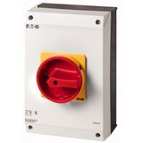 Main switch, P3, 100 A, surface mounting, 3 pole, 1 N/O, 1 N/C, Emergency switching off function, With red rotary handle and yellow locking ring, UL/C