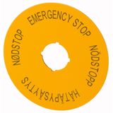 Label, emergency stop, D=90mm, yellow, EN, SV, FI, DA