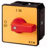 On-Off switch, T5, 100 A, flush mounting, 1 contact unit(s), 1 pole, Emergency switching off function, with red thumb grip and yellow front plate