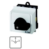 Reversing switches, T0, 20 A, service distribution board mounting, 2 contact unit(s), Contacts: 4, 45 °, maintained, With 0 (Off) position, 1-0-2, Des