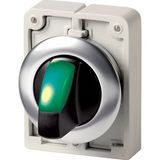 Illuminated selector switch actuator, RMQ-Titan, with thumb-grip, maintained, 3 positions, green, Front ring stainless steel