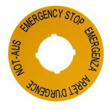 Emergency Stop label, 90mm dia, 4 languages