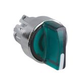 Harmony XB4, Illuminated selector switch head, metal, green, Ø22, integral LED, 2 positions, stay put