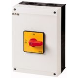 On-Off switch, P3, 100 A, surface mounting, 3 pole, Emergency switching off function, with red thumb grip and yellow front plate