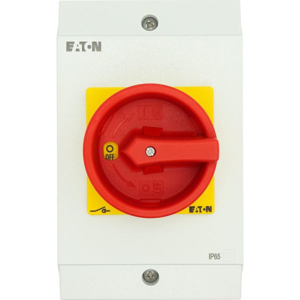 Main switch, T3, 32 A, surface mounting, 4 contact unit(s), 8-pole, Emergency switching off function, With red rotary handle and yellow locking ring, image 22