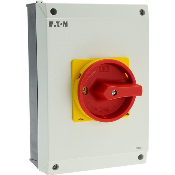 Main switch, T5B, 63 A, surface mounting, 4 contact unit(s), 6 pole, 1 N/O, 1 N/C, Emergency switching off function, With red rotary handle and yellow image 12