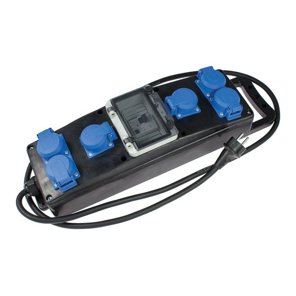 Solid rubber distributor outlet S1+Input: 2m H07RN-F 3G2, 5 with 16 A safety plug Output: 6 safety sockets  with lid 16A/230VFuse: 1 x ELCB switch 30mA / 2-pole, Type A -Industry construction IP 44 - image 1