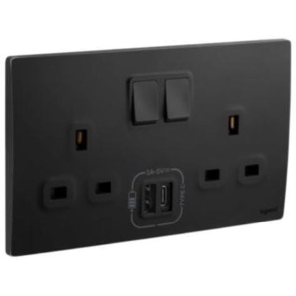 281136MB Mallia Senses 2 gang BS switched socket outlet single pole - 13A - with 3000mA A and C types USB chargers image 1