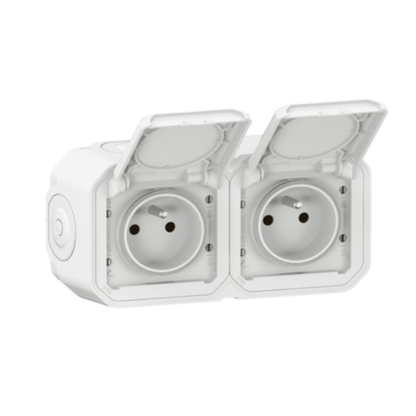 Double power socket with pre-wired waterproof earth with Plexo shutter 16A 250V delivered complete for white horizontal surface mounting image 1