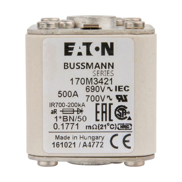 Fuse-link, high speed, 500 A, AC 690 V, compact size 1, 45 x 59 x 51 mm, aR, IEC, UL, single indicator image 1