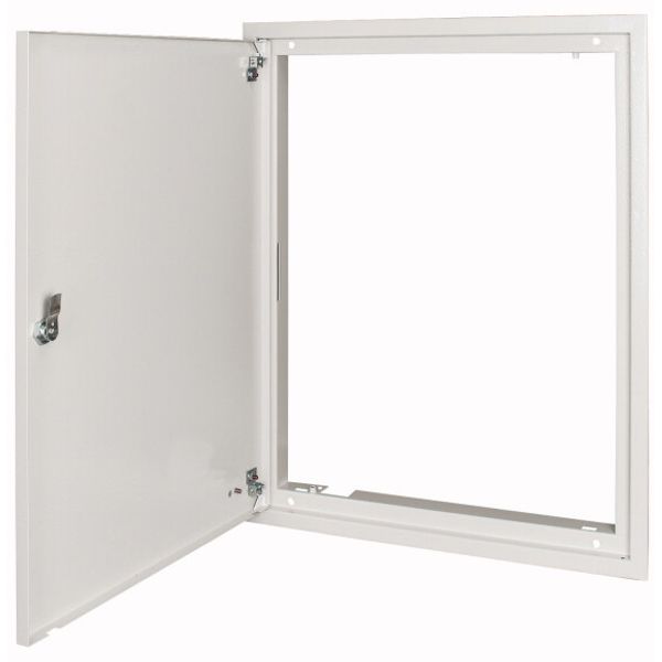 Flush-mounting trim ring with sheet steel door and locking rotary lever for 3-component system, W = 400 mm, H = 460 mm, white image 1