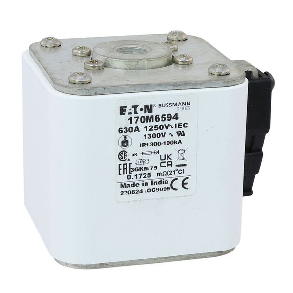 Fuse-link, high speed, 630 A, AC 1250 V, size 3, 76 x 92 x 76 mm, aR, IEC, UL, type K indicator, flush end, 13 UNC image 10