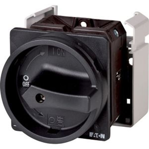 Main switch, T5, 100 A, flush mounting, 4 contact unit(s), 6 pole, 1 N/O, 1 N/C, STOP function, With black rotary handle and locking ring, Lockable in image 2