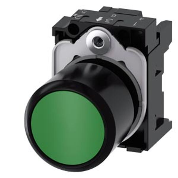 Pushbutton, compact, with extended stroke (12 mm), 22 mm, round, plastic, green, pushbutton, flat, momentary contact .... 3SU1200-0EB40-0AA0-Z Y15 image 1