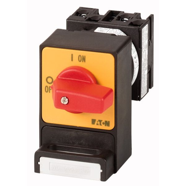 Panic switches, T0, 20 A, flush mounting, 3 pole, with red thumb grip and yellow front plate, Padlocking feature SVC image 1