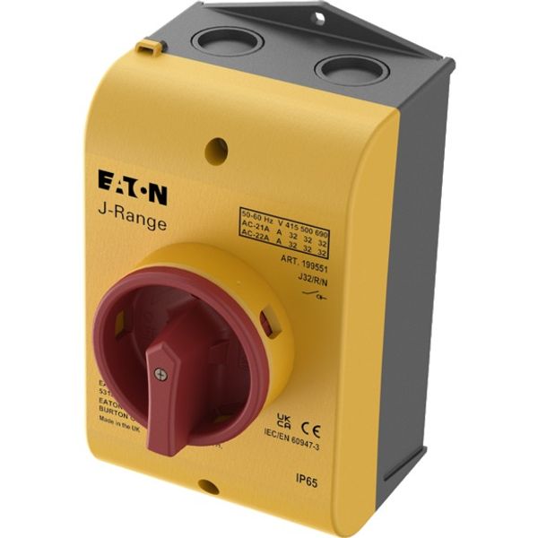 Main switch, 32 A, surface mounting, 3 pole + N, Emergency switching off function, With red rotary handle and yellow locking ring, Lockable in the 0 ( image 2