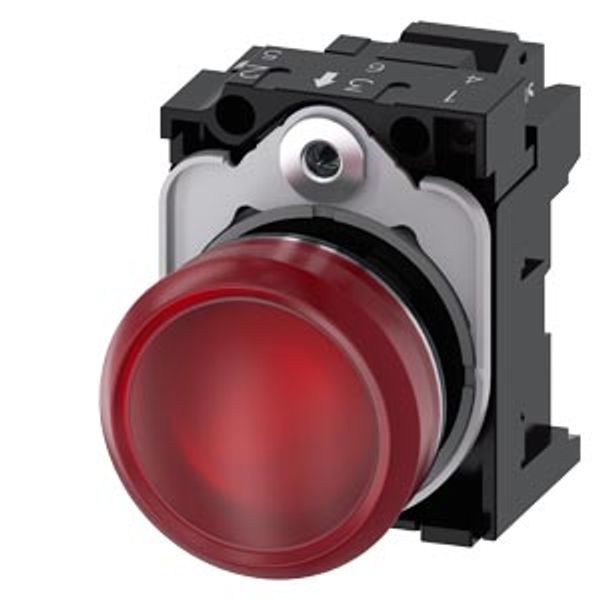 Indicator lights, 22 mm, round, metal, shiny, red, lens, smooth, with holder, LED module with integrated LED 24 V AC/DC, spring-type  3SU1152-6AA20-3AA0-Z Y19 image 1