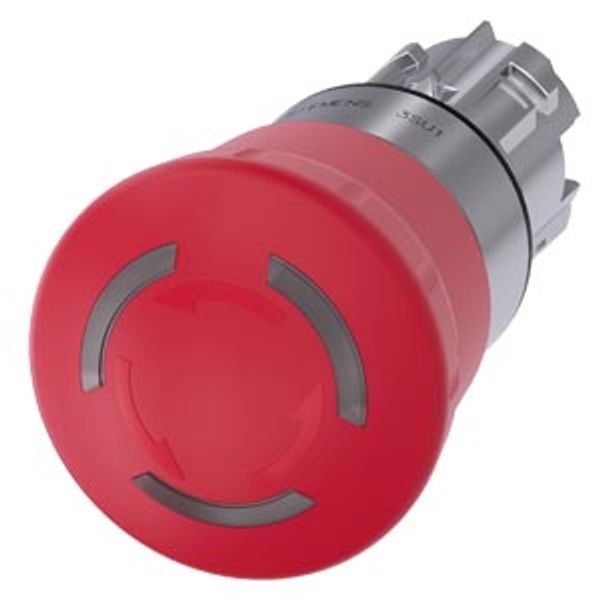 EMERGENCY STOP mushroom pushbutton, illuminable, 22 mm, round, metal, shiny, red, 40 mm, positive latching, acc. to EN ISO 13850,  3SU1051-1HB20-0AA0-Z Y19 image 1