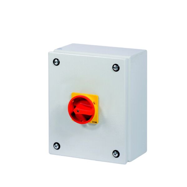 Main switch, T3, 32 A, surface mounting, 4 contact unit(s), 8-pole, Emergency switching off function, With red rotary handle and yellow locking ring, image 2