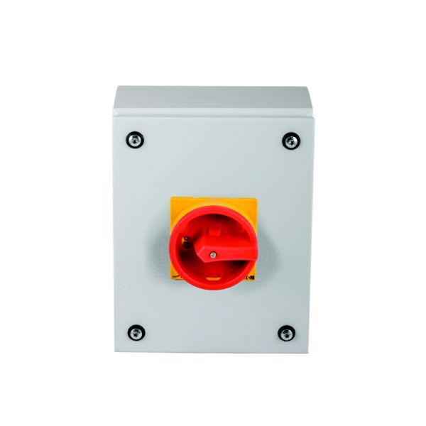Main switch, P3, 63 A, surface mounting, 3 pole + N, Emergency switching off function, With red rotary handle and yellow locking ring, Lockable in the image 2