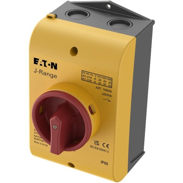 Main switch, 20 A, surface mounting, 3 pole + N, Emergency switching off function, With red rotary handle and yellow locking ring, Lockable in the 0 ( image 2