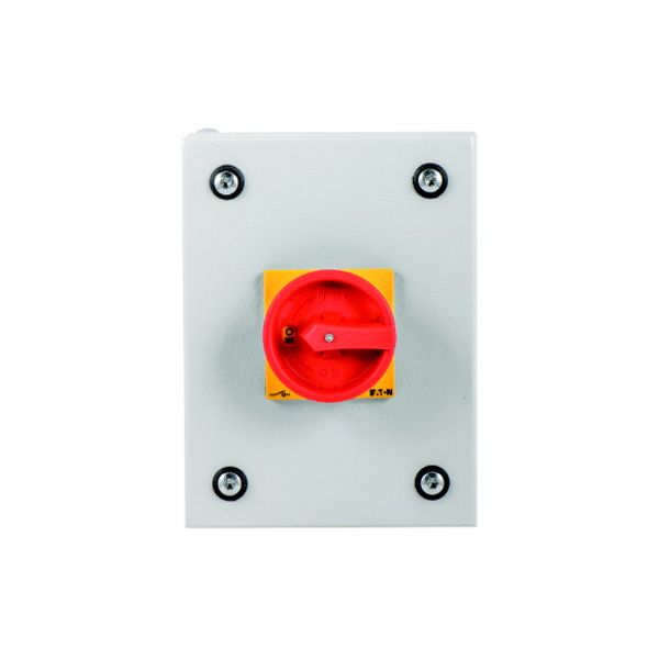 Main switch, P1, 25 A, surface mounting, 3 pole + N, Emergency switching off function, With red rotary handle and yellow locking ring, Lockable in the image 1