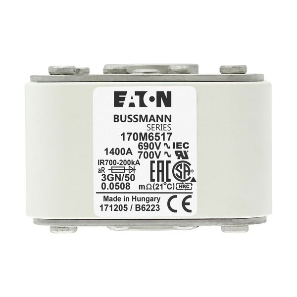 Fuse-link, high speed, 1400 A, AC 690 V, size 3, 76 x 92 x 53 mm, aR, IEC, UL, single indicator image 2