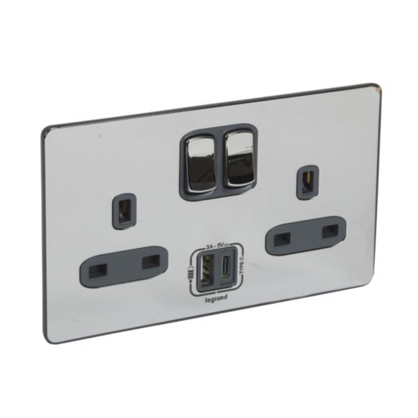 Synergy Sleek 2 Gang 13A Single Pole Switched Socket Outlet with USB Type-A and Type-C 3A Chargers Polished Stainless Steel image 1