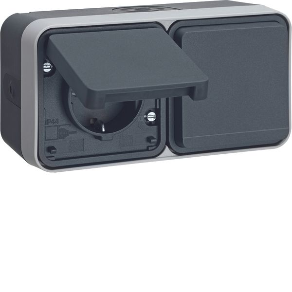 SCHUKO soc.out. 2g hor. hinged cover surf.-mtd, enhncd contact prot.,W image 1