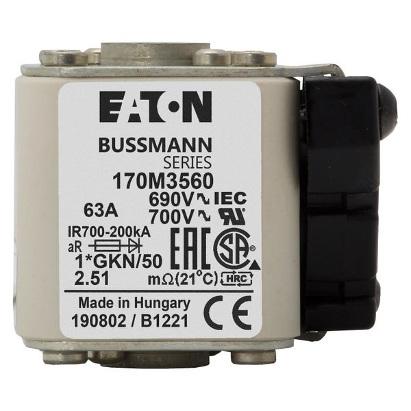 Fuse-link, high speed, 63 A, AC 690 V, compact size 1, 45 x 59 x 51 mm, aR, IEC, UL, type K indicator, 18 UNC image 9