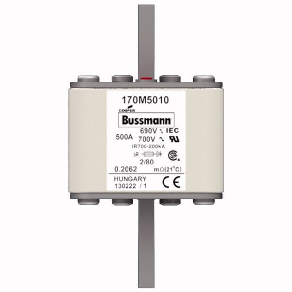 Fuse-link, high speed, 500 A, AC 690 V, DIN 2, 61 x 61 x 108 mm, aR, DIN, IEC, single indicator, 80 mm centres image 1