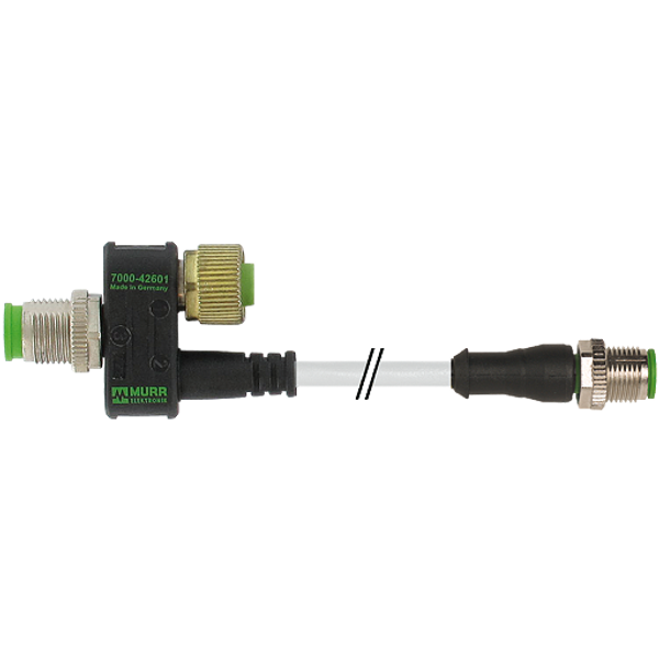 T-coupler M12 male / M12 male 0° M12 female PUR 3x0,34 gy UL,CSA+drag chain 0,15m image 1