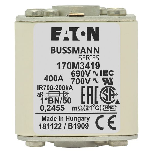 Fuse-link, high speed, 400 A, AC 690 V, compact size 1, 45 x 59 x 51 mm, aR, IEC, UL, single indicator, flush end, M8 image 14