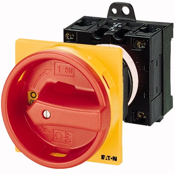 Main switch, T3, 32 A, rear mounting, 2 contact unit(s), 3 pole, Emergency switching off function, With red rotary handle and yellow locking ring image 1