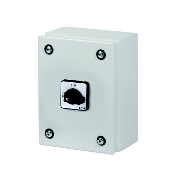 On-Off switch, P1, 32 A, 3 pole + N, surface mounting, with black thumb grip and front plate, in steel enclosure image 3