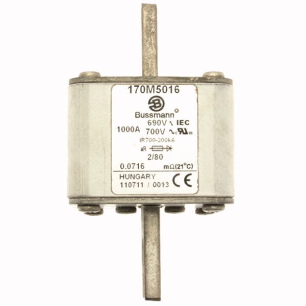 Fuse-link, high speed, 1000 A, AC 690 V, DIN 2, 61 x 61 x 108 mm, aR, DIN, IEC, single indicator, 80 mm centres image 1