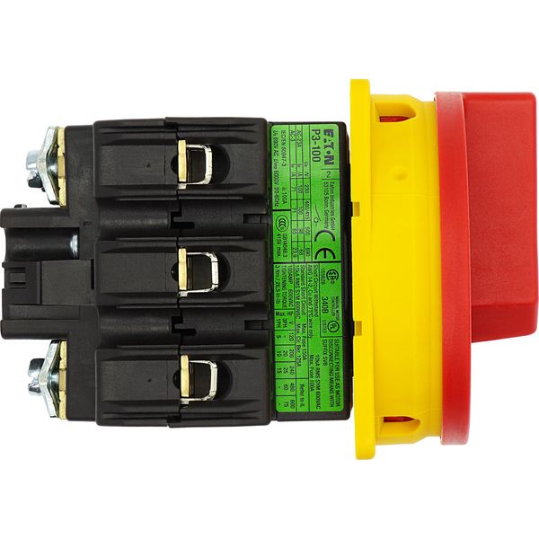 Main switch, P3, 100 A, flush mounting, 3 pole, Emergency switching off function, With red rotary handle and yellow locking ring, Lockable in the 0 (O image 23