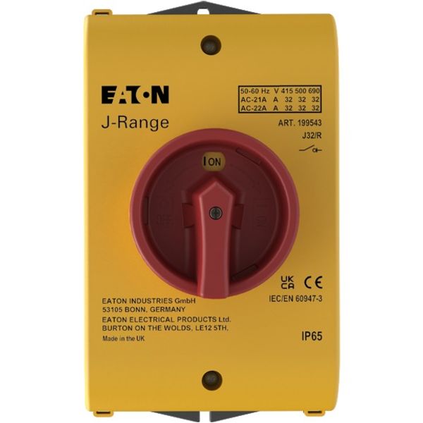 Main switch, 32 A, surface mounting, 3 pole, Emergency switching off function, With red rotary handle and yellow locking ring, Lockable in the 0 (Off) image 1