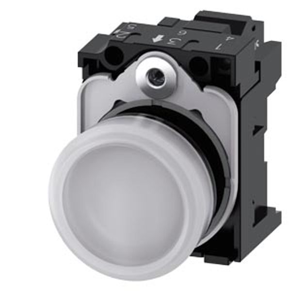 Indicator light, 22 mm, round, plastic, white, lens, smooth, with holder, LED module, with integrated LED 110 V  3SU1103-6AA60-3AA0-Z Y10 image 1