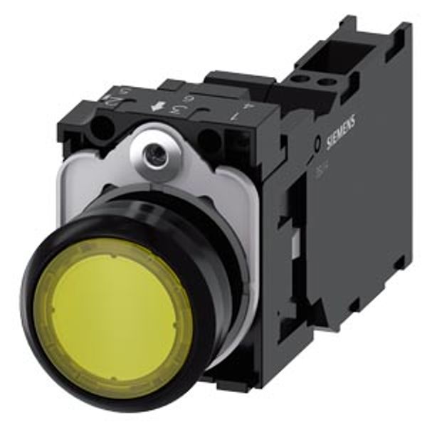 Illuminated pushbutton, 22 mm, round, plastic, yellow, pushbutton, flat, momentary contact type, with holder, 1 NO+1 NC, LED module with  3SU1106-0AB30-3FA0-Z Y10 image 2