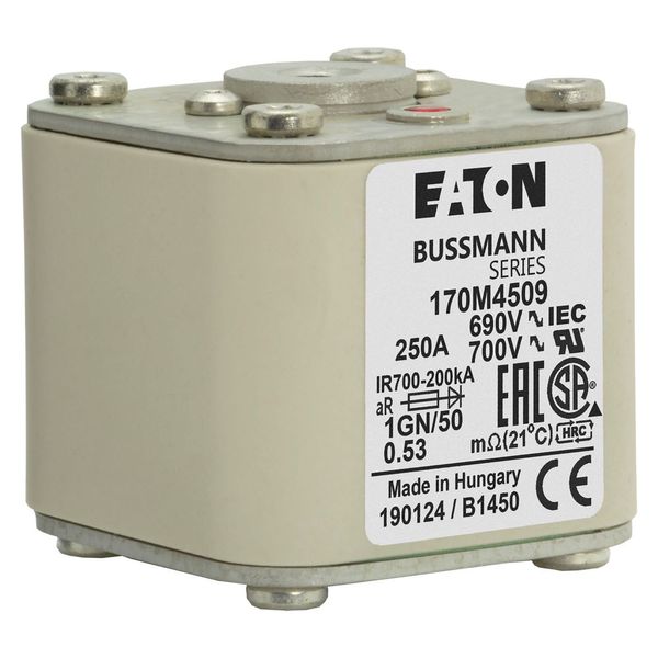 Fuse-link, high speed, 250 A, AC 690 V, size 1, 53 x 69 x 51 mm, aR, IEC, UL, single indicator, flush end, 18 UNC image 6