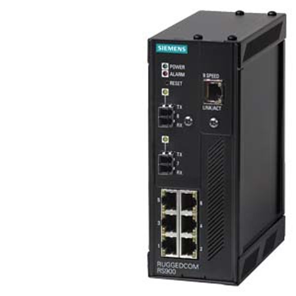 6GK6090-0AS23-0BA0-Z A03+B01 RUGGEDCOM RS900 is a 9-port, industrially hardened, fully managed Ethernet switch  with 128-bit encryption supporting 6 Fast Ethernet RJ45 ports and up image 1