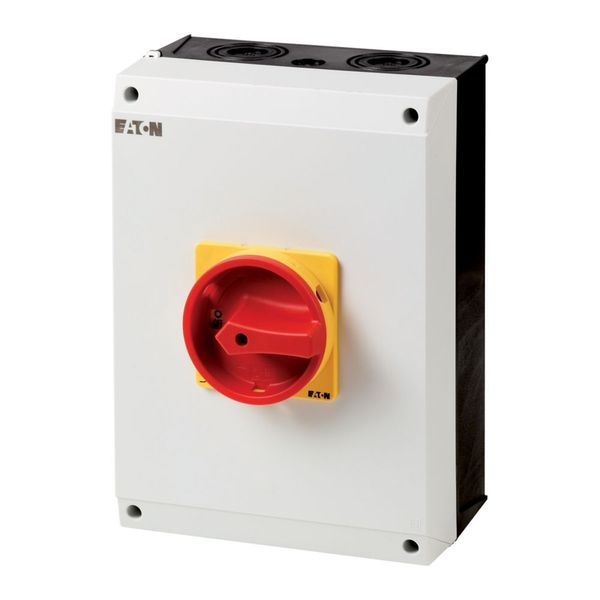 Main switch, T5, 100 A, surface mounting, 4 contact unit(s), 6 pole, 1 N/O, 1 N/C, Emergency switching off function, With red rotary handle and yellow image 6