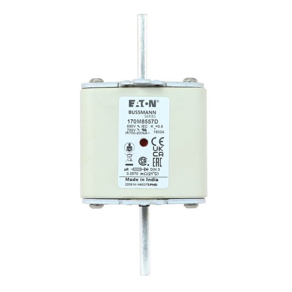 Fuse-link, high speed, 1600 A, AC 690 V, DIN 3, aR, DIN, IEC, dual indicator, live gripping lugs image 6