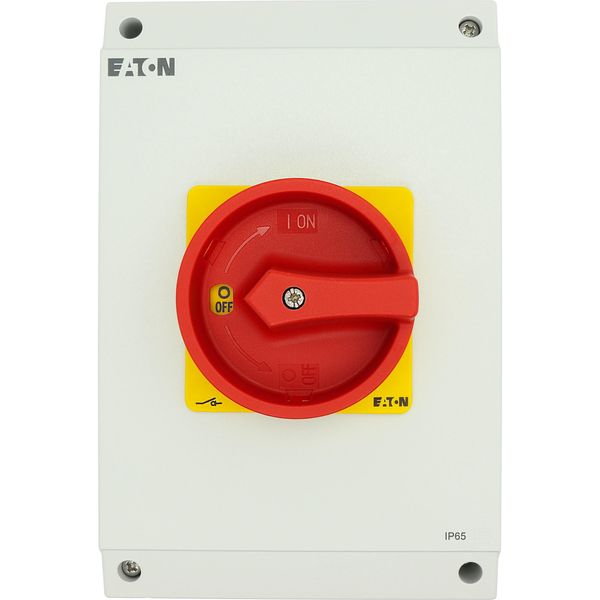 Main switch, P3, 63 A, surface mounting, 3 pole, Emergency switching off function, With red rotary handle and yellow locking ring, Lockable in the 0 ( image 52