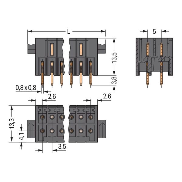 THT male header, 2-row 0.8 x 0.8 mm solder pin straight black image 4