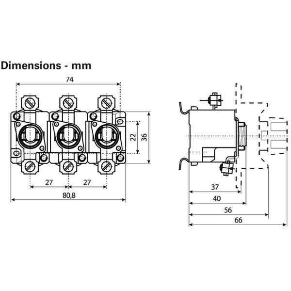 Fuse-base, LV, 63 A, AC 400 V, D02, 3P, IEC, DIN rail mount, suitable wire 1.5 - 4 mm2, 2xM5 o/p terminal, 2xM5 i/p terminal image 4