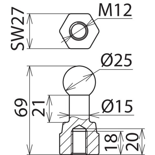 Fixed ball point D=25mm, straight with M12 female thread image 2