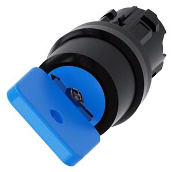 3SU1000-4GF01-0AA0-Z Y10 Key-operated switch O.M.R, 22 mm, round, plastic, lock number 73038, blue, with 2 keys, 2 switch positions O-I, latching, actuating angle 90°, 10:30h/13:30h, image 1